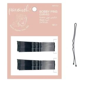 This image displays 18 black curved bobby pins, 2.4 inches long, designed to securely hold all hair types in place without causing damage.