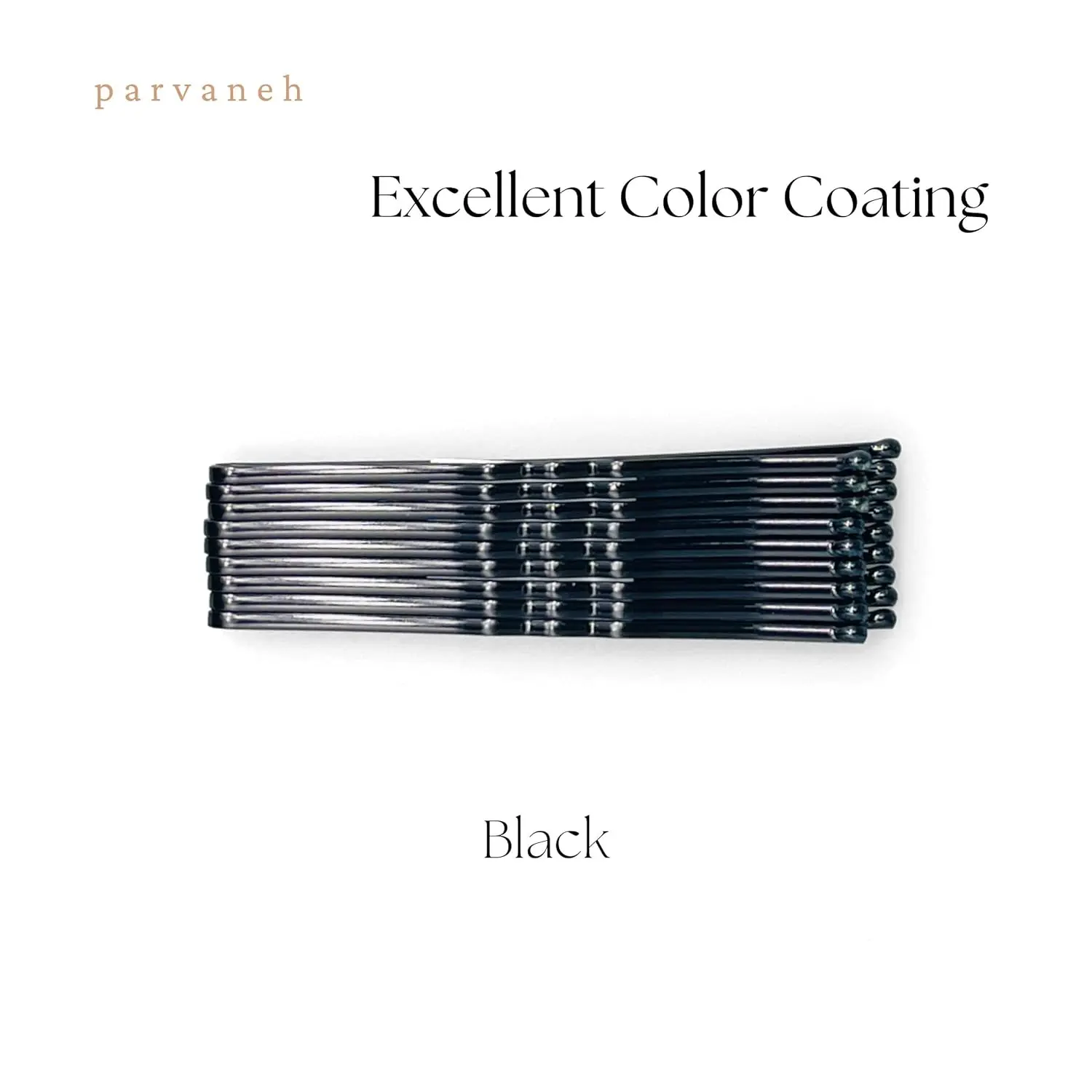 This image displays 18 black curved bobby pins, 2.4 inches long, designed to securely hold all hair types in place without causing damage.