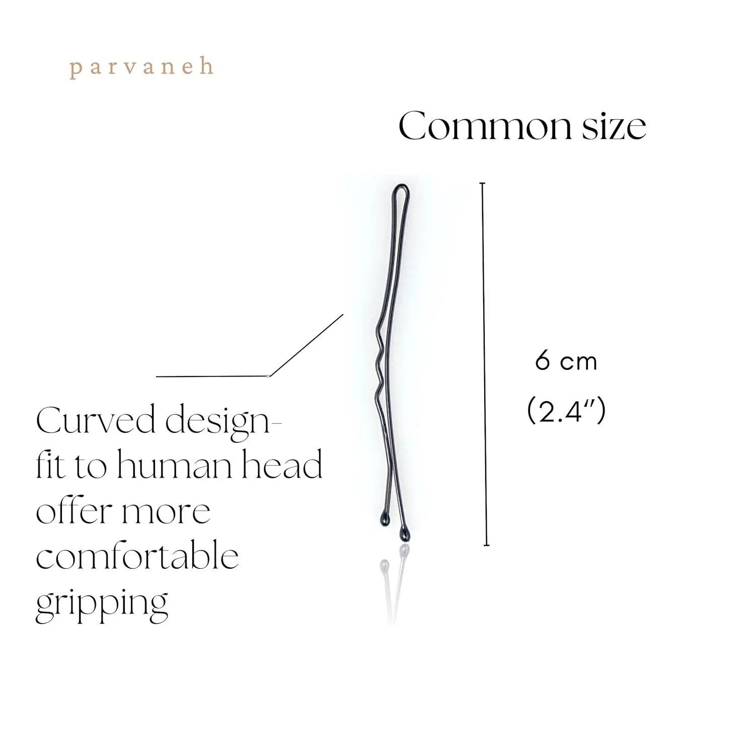 This image displays 18 black curved bobby pins, 2.4 inches long, designed to securely hold all hair types in place without causing damage.