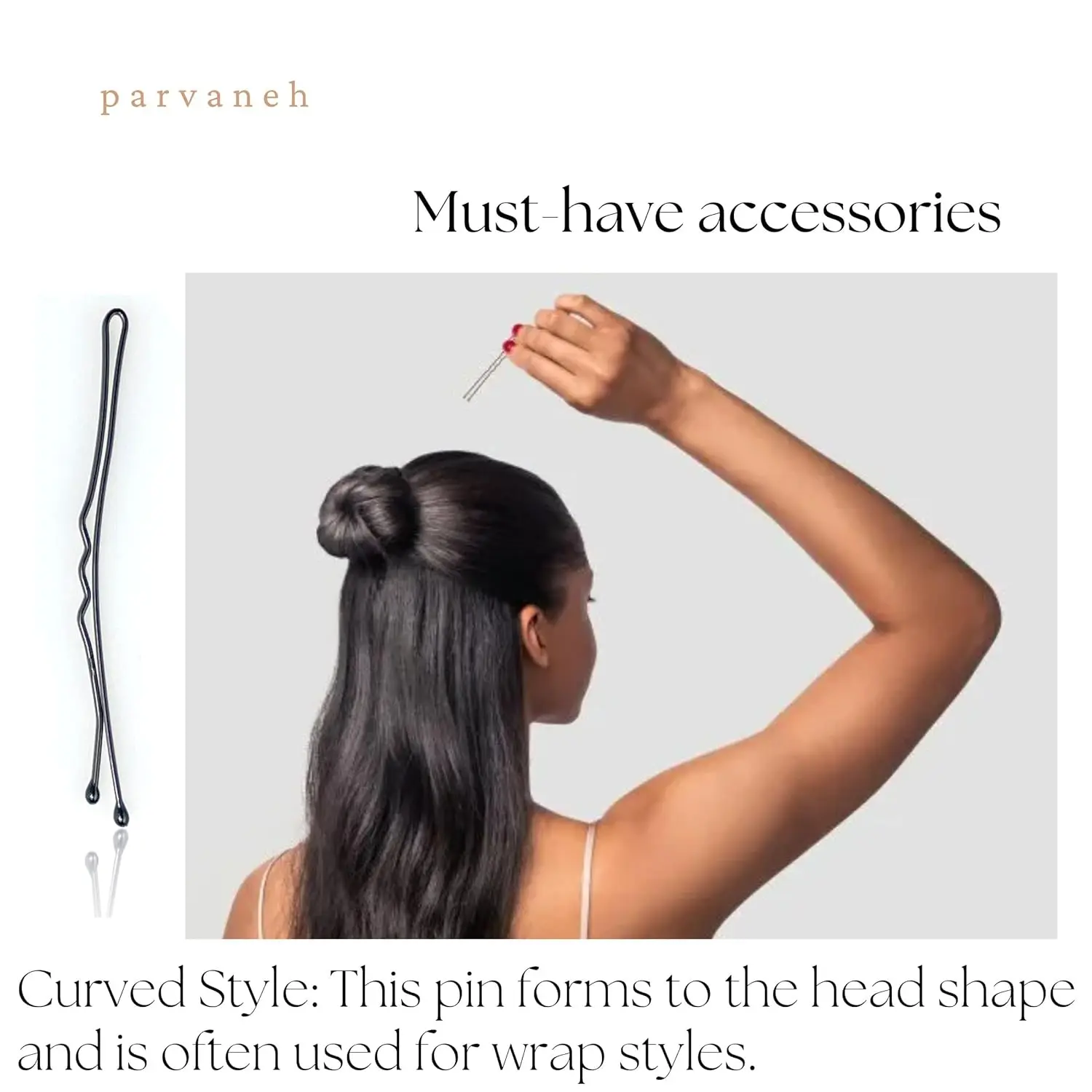 This image displays 18 black curved bobby pins, 2.4 inches long, designed to securely hold all hair types in place without causing damage.