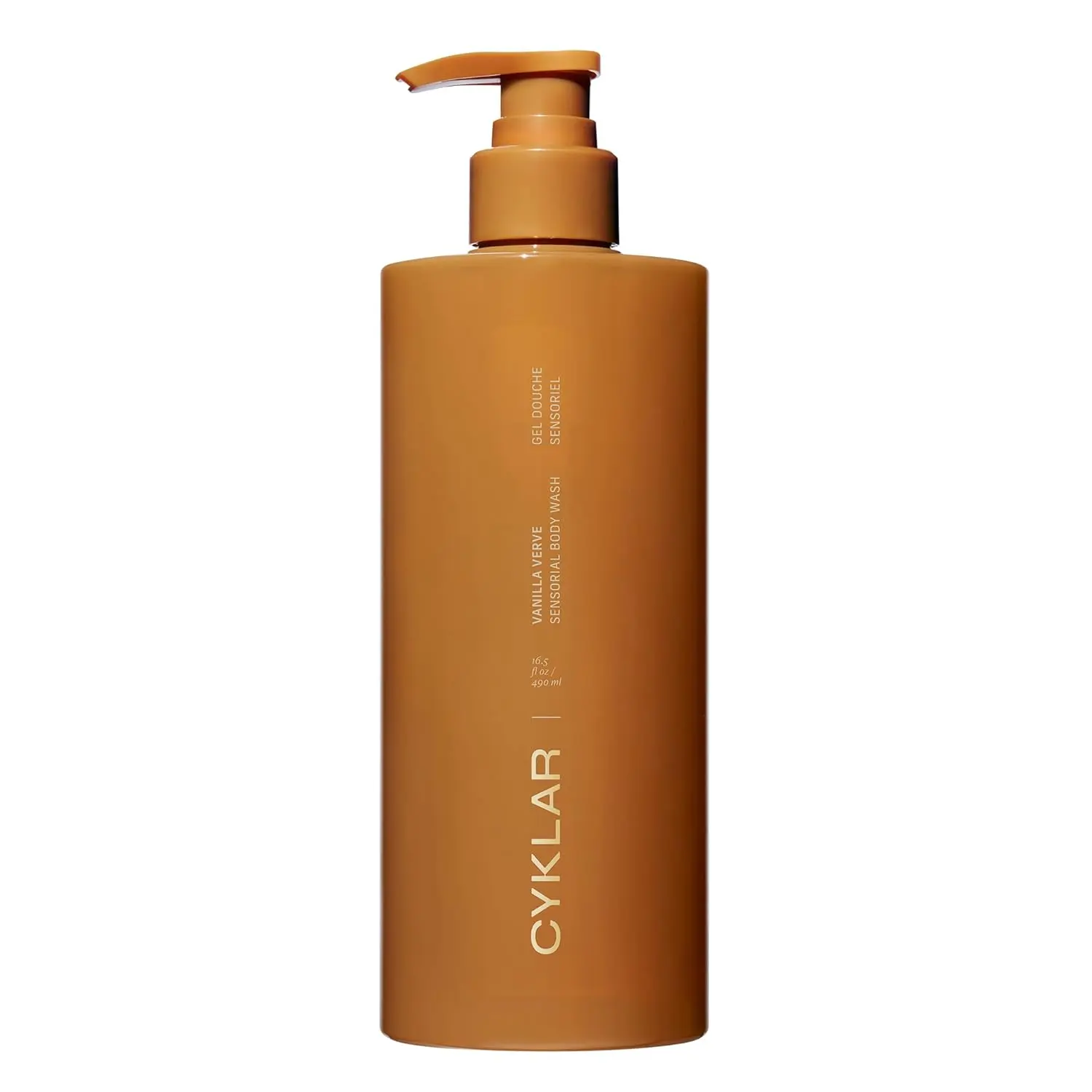A bottle of CYKLAR Vanilla Verve body wash with a moisture-locking multi-oil complex for a luxurious and hydrating shower experience.