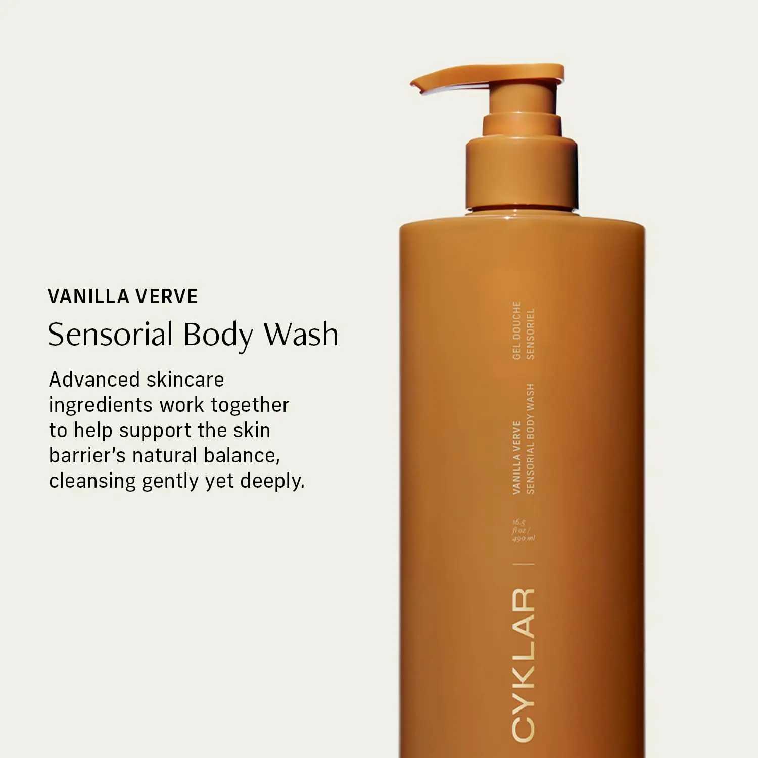 A bottle of CYKLAR Vanilla Verve body wash with a moisture-locking multi-oil complex for a luxurious and hydrating shower experience.