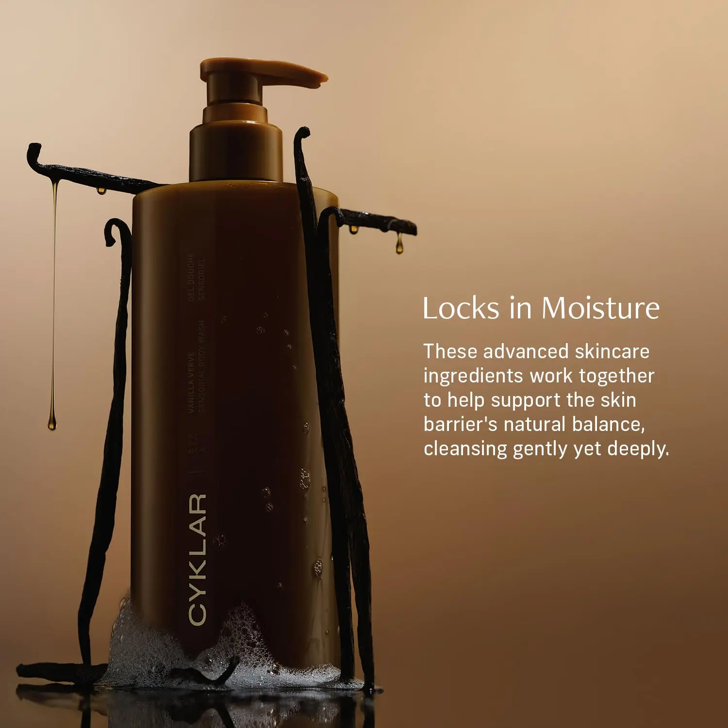 A bottle of CYKLAR Vanilla Verve body wash with a moisture-locking multi-oil complex for a luxurious and hydrating shower experience.
