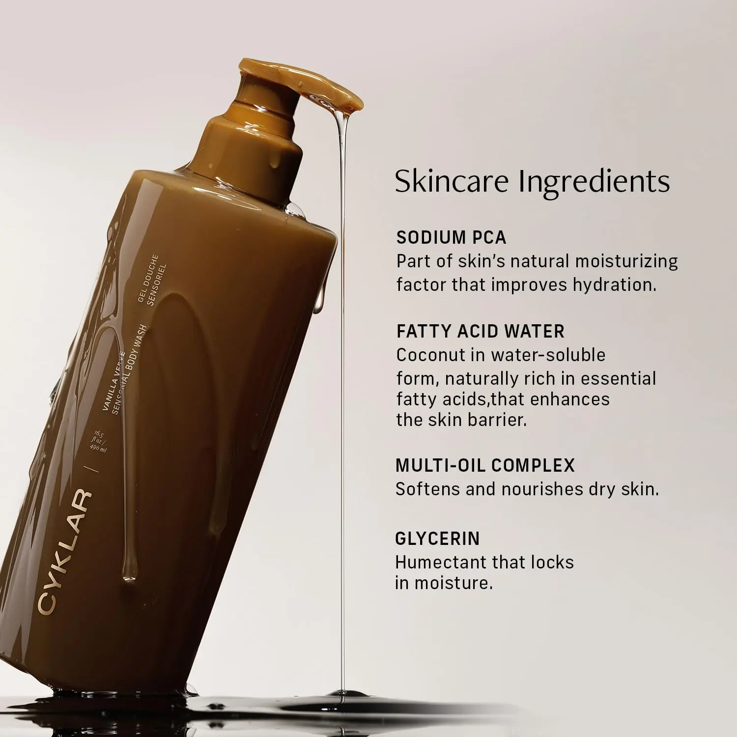 A bottle of CYKLAR Vanilla Verve body wash with a moisture-locking multi-oil complex for a luxurious and hydrating shower experience.