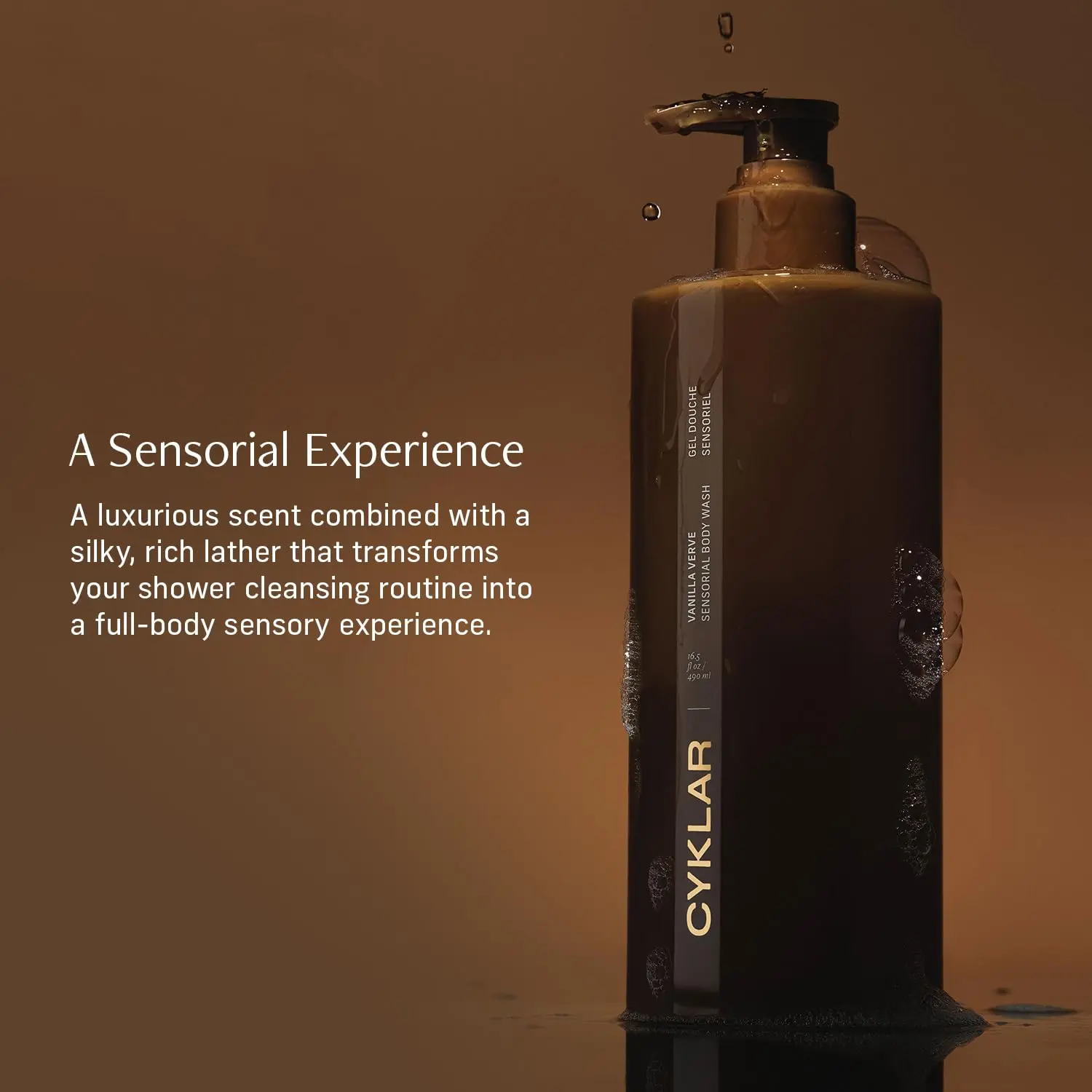 A bottle of CYKLAR Vanilla Verve body wash with a moisture-locking multi-oil complex for a luxurious and hydrating shower experience.