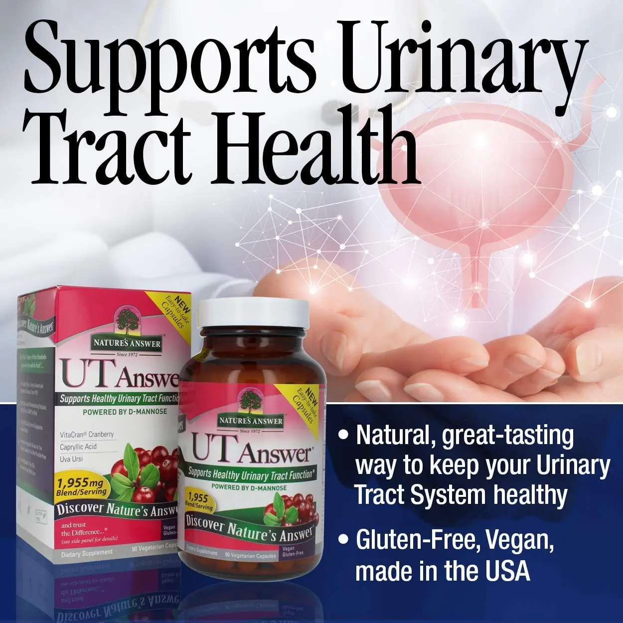 Nature's Answer D-Mannose capsules provide healthy urinary tract support in an easy-to-take vegetarian dietary supplement.