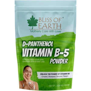 Bliss of Earth D-Panthenol Vitamin B5 powder hydrates skin and hair, supports scalp moisture, strengthens hair texture, and is ideal for DIY beauty formulations.