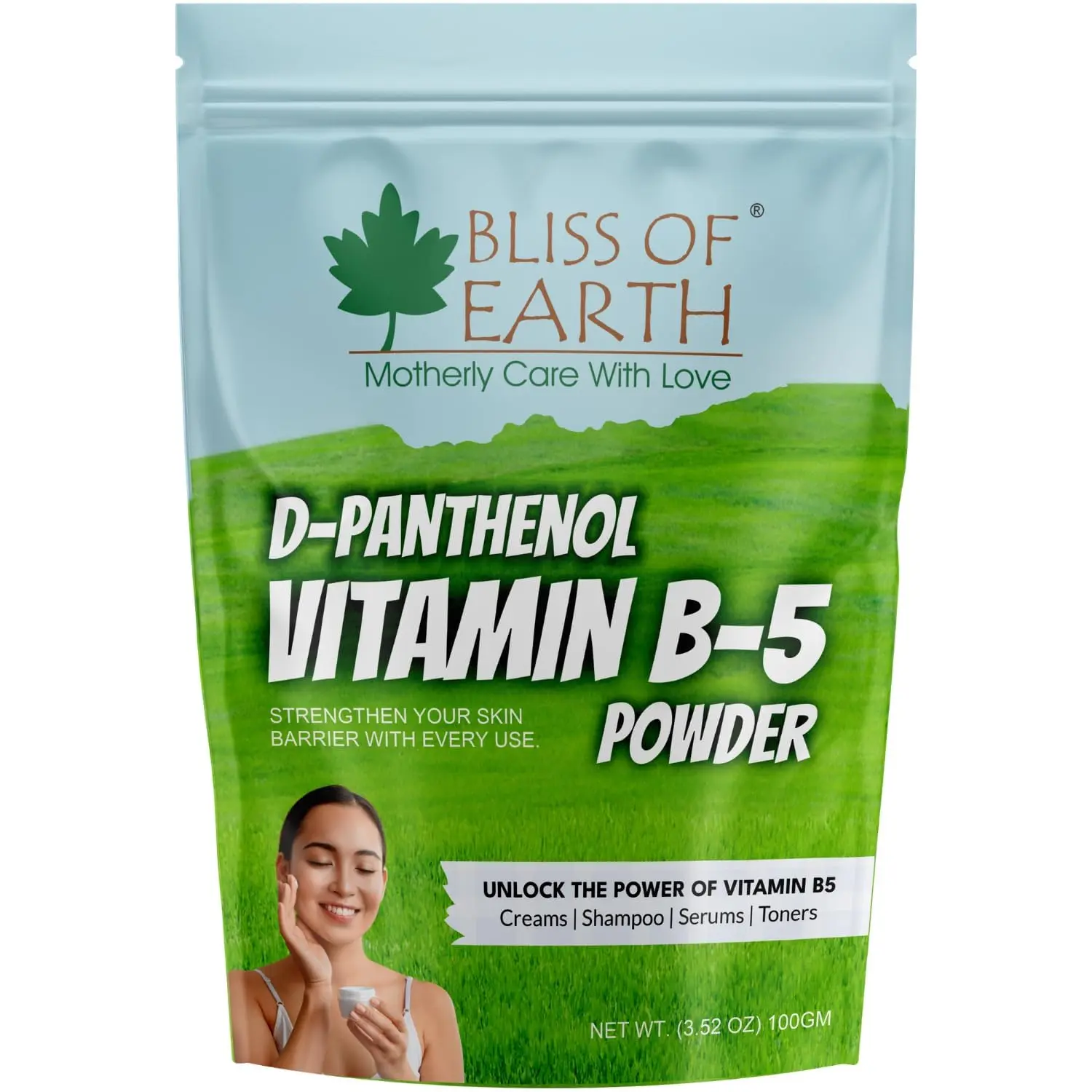 Bliss of Earth D-Panthenol Vitamin B5 powder hydrates skin and hair, supports scalp moisture, strengthens hair texture, and is ideal for DIY beauty formulations.