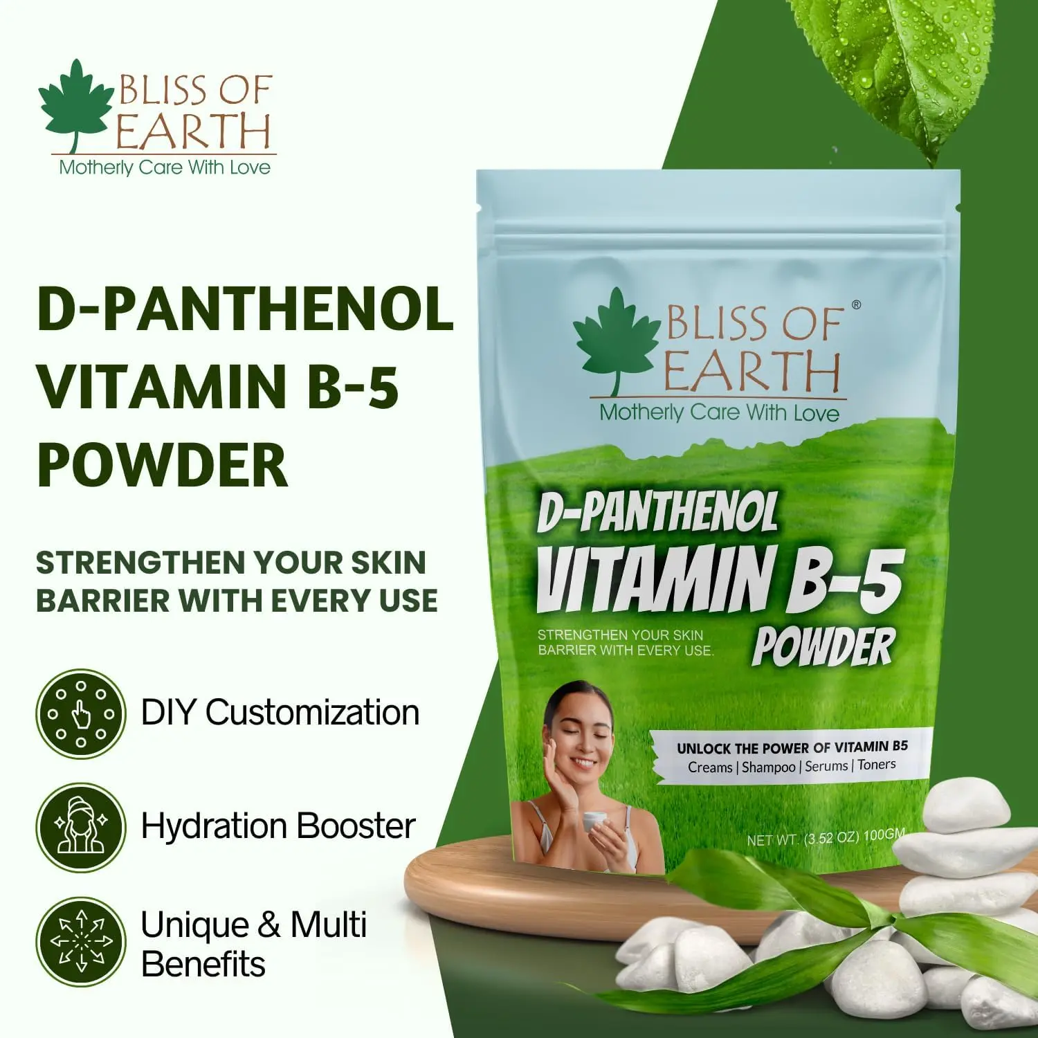 Bliss of Earth D-Panthenol Vitamin B5 powder hydrates skin and hair, supports scalp moisture, strengthens hair texture, and is ideal for DIY beauty formulations.