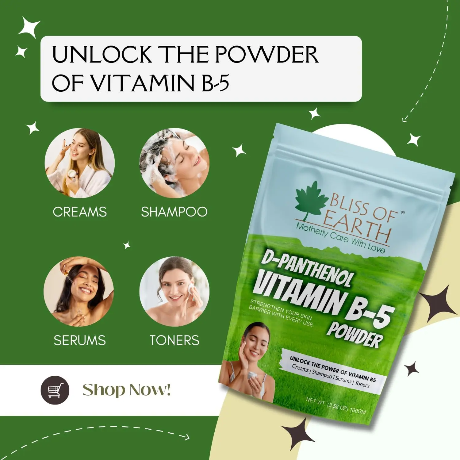 Bliss of Earth D-Panthenol Vitamin B5 powder hydrates skin and hair, supports scalp moisture, strengthens hair texture, and is ideal for DIY beauty formulations.