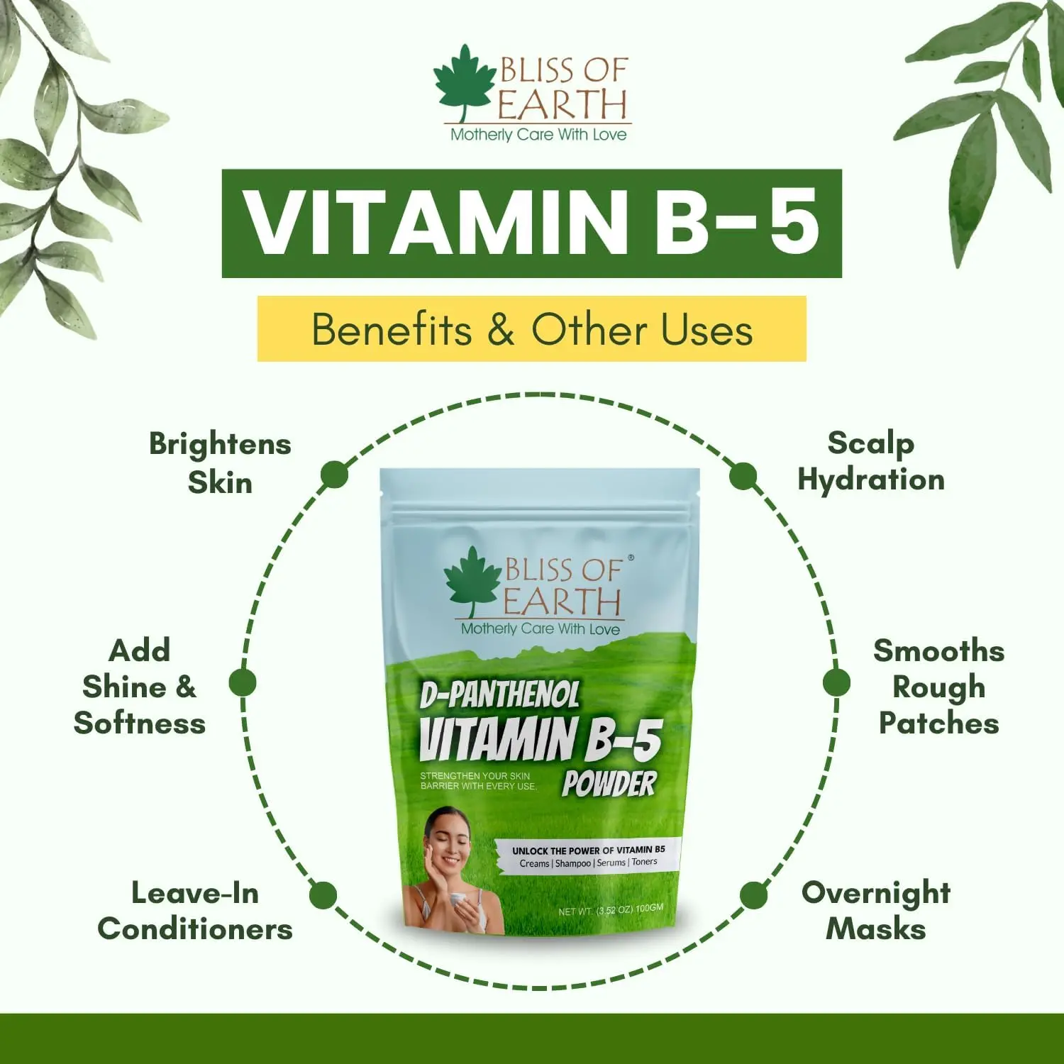 Bliss of Earth D-Panthenol Vitamin B5 powder hydrates skin and hair, supports scalp moisture, strengthens hair texture, and is ideal for DIY beauty formulations.