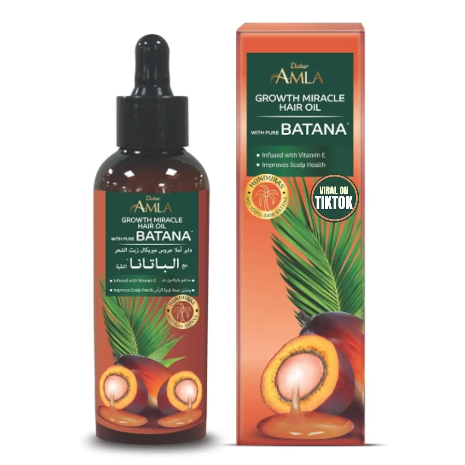 Dabur Amla Batana hair oil with dropper, sourced from Honduras, promotes hair growth, prevents breakage, and improves softness and shine.