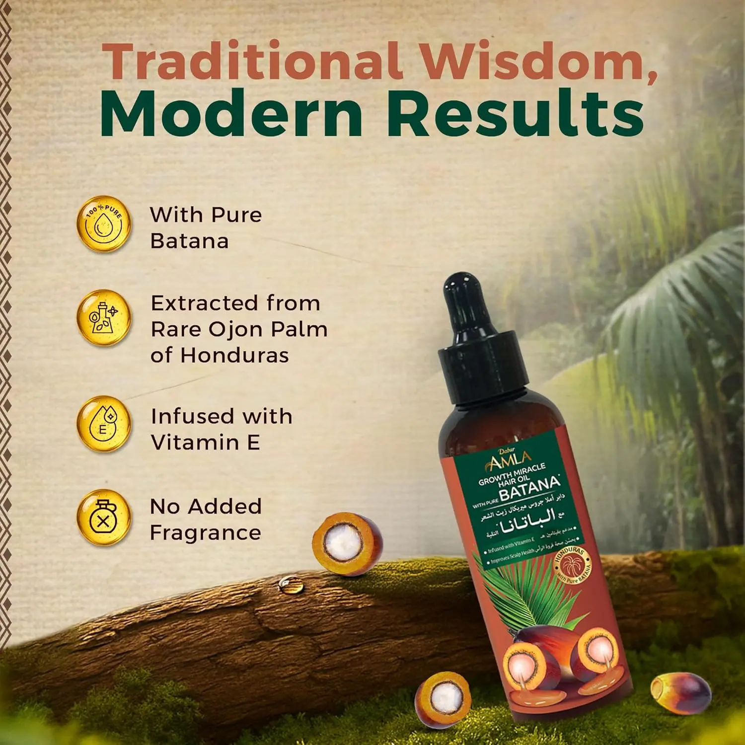 Dabur Amla Batana hair oil with dropper, sourced from Honduras, promotes hair growth, prevents breakage, and improves softness and shine.