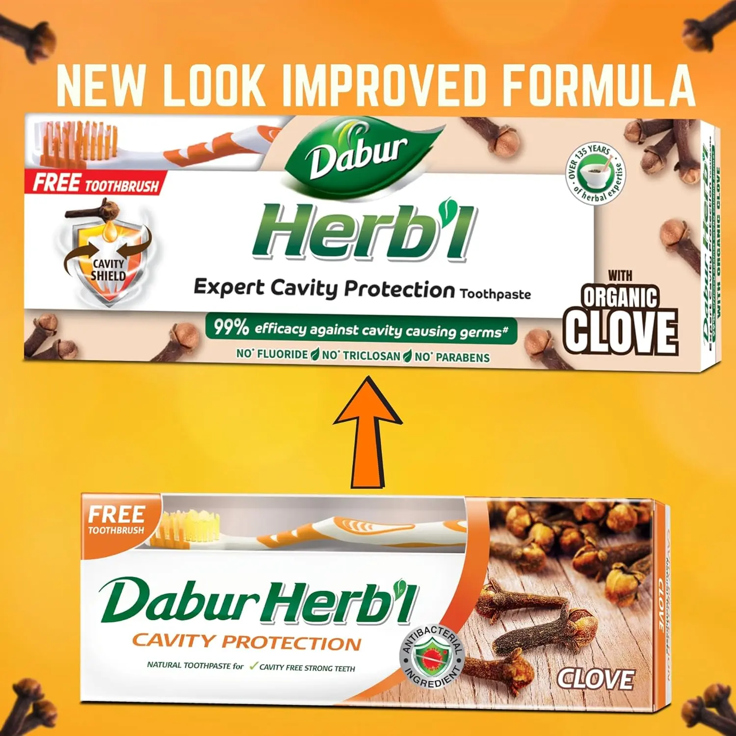 Dabur Herbal Clove toothpaste protects against cavities with natural ingredients and provides relief from toothache, shown with a bonus toothbrush.