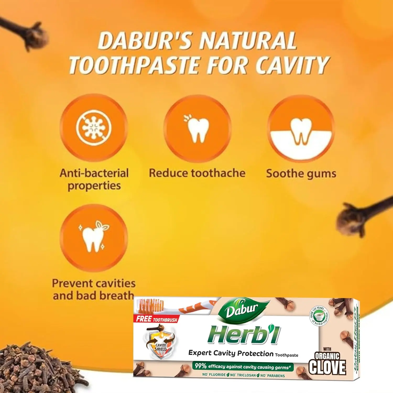 Dabur Herbal Clove toothpaste protects against cavities with natural ingredients and provides relief from toothache, shown with a bonus toothbrush.