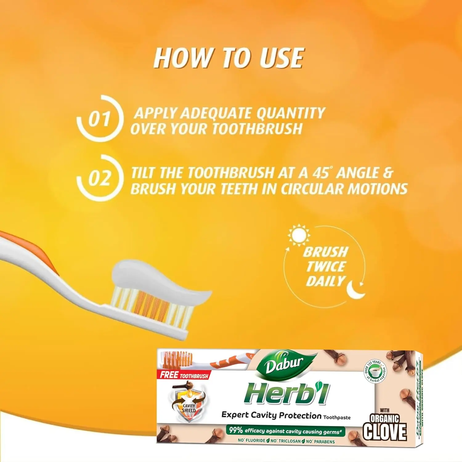 Dabur Herbal Clove toothpaste protects against cavities with natural ingredients and provides relief from toothache, shown with a bonus toothbrush.