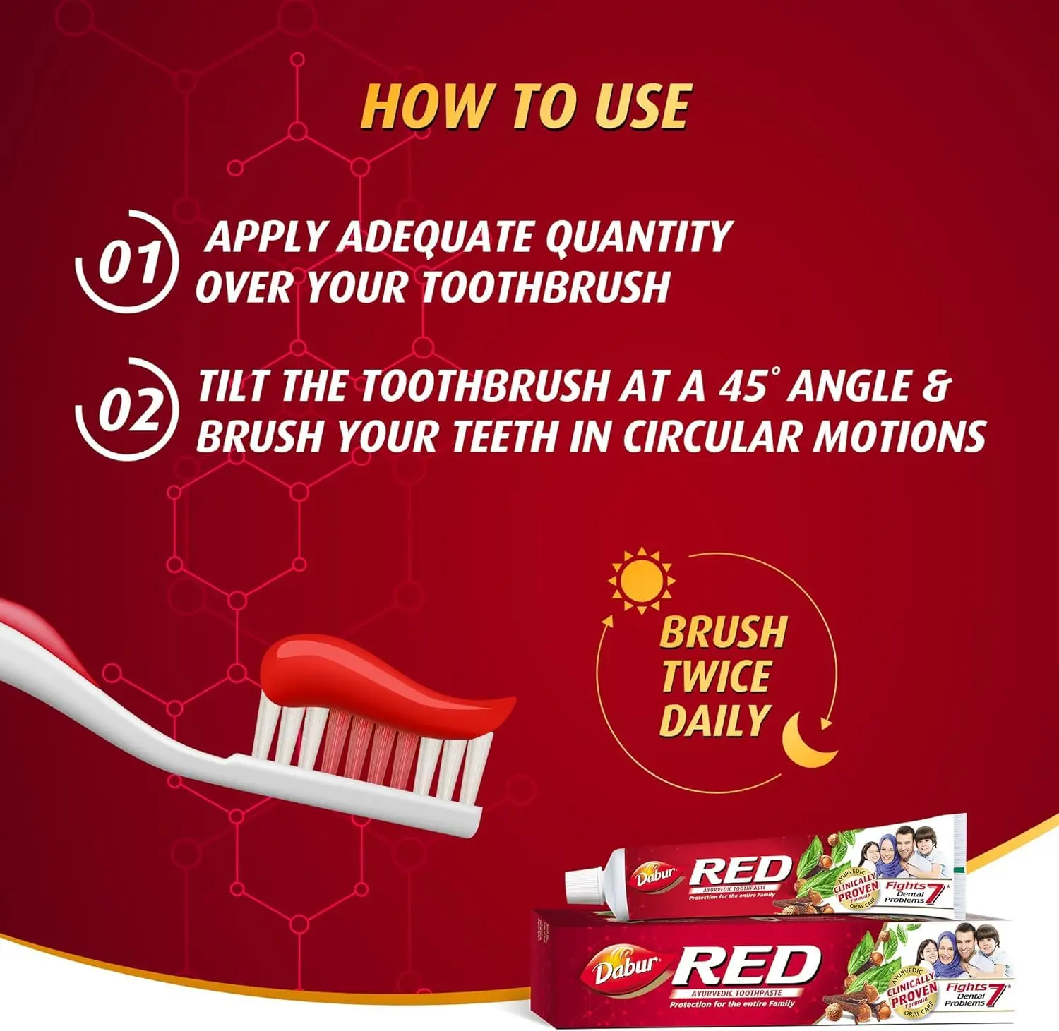 Dabur Red Ayurvedic toothpaste promotes healthy gums and strong teeth with a unique blend of natural herbs for long-lasting freshness and cavity protection.