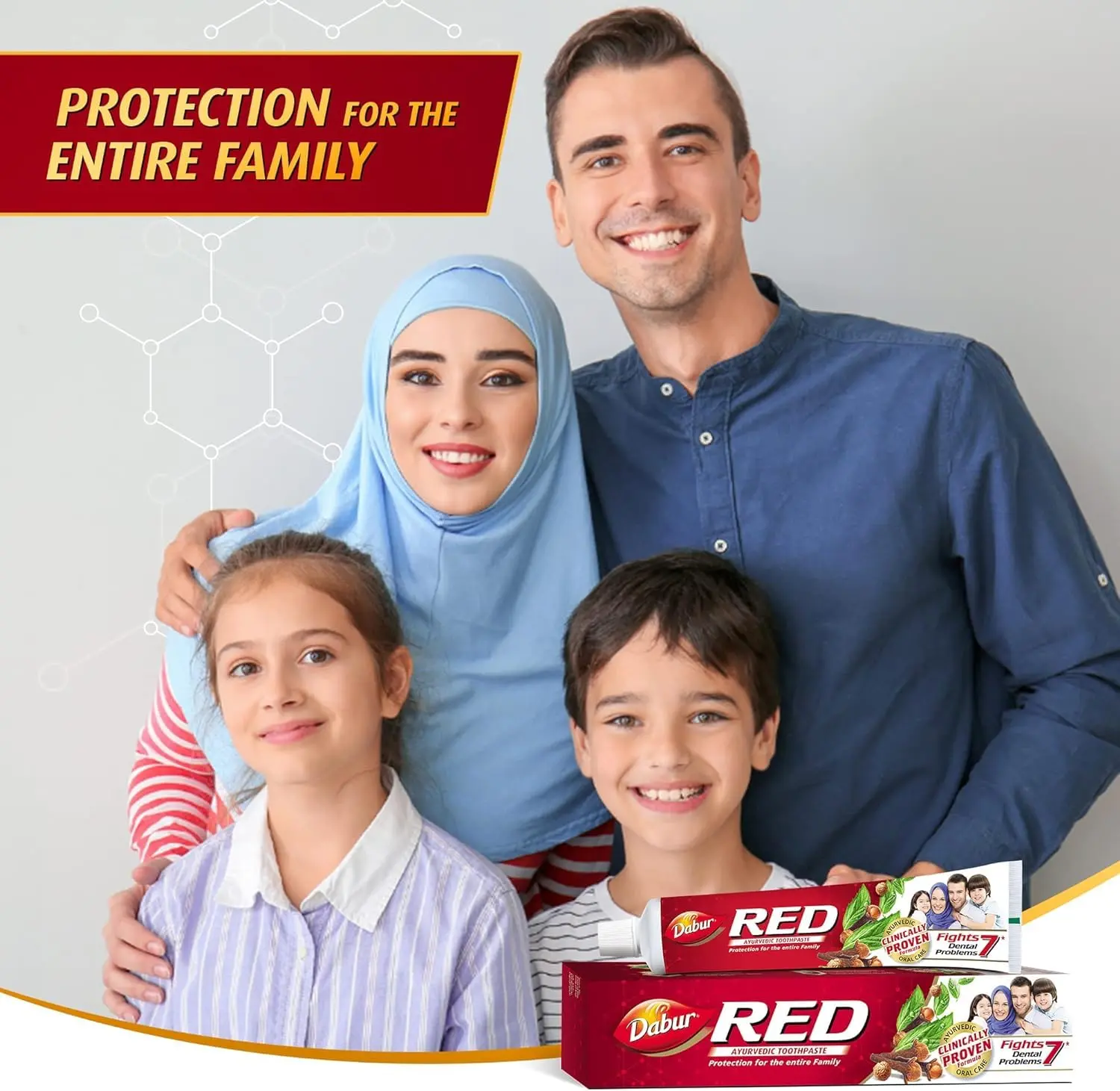 Dabur Red Ayurvedic toothpaste promotes healthy gums and strong teeth with a unique blend of natural herbs for long-lasting freshness and cavity protection.