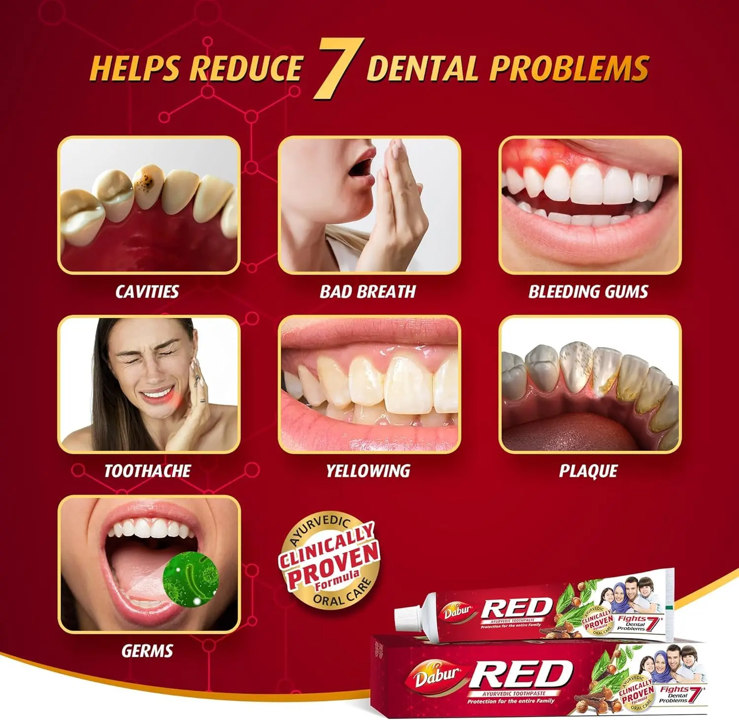 Dabur Red Ayurvedic toothpaste promotes healthy gums and strong teeth with a unique blend of natural herbs for long-lasting freshness and cavity protection.