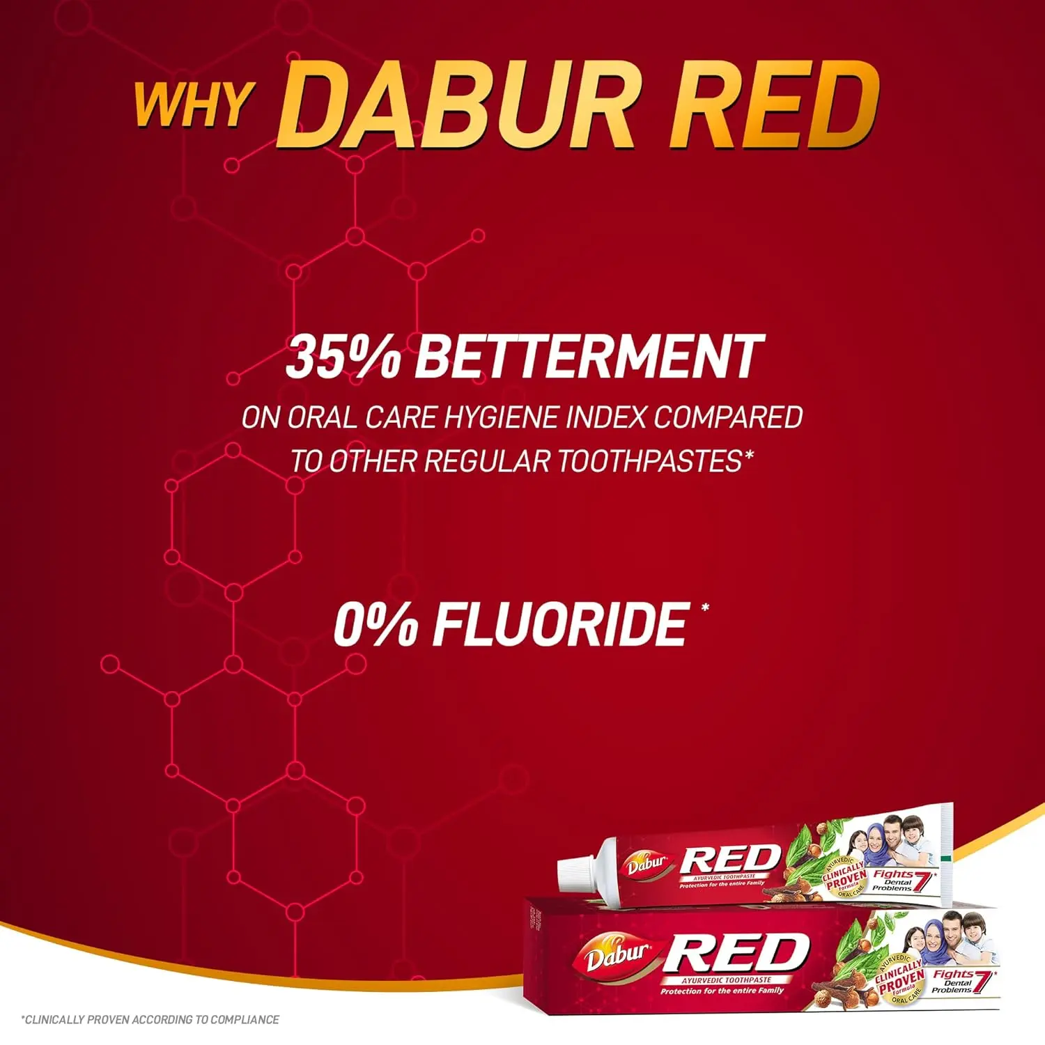 Dabur Red Ayurvedic toothpaste promotes healthy gums and strong teeth with a unique blend of natural herbs for long-lasting freshness and cavity protection.