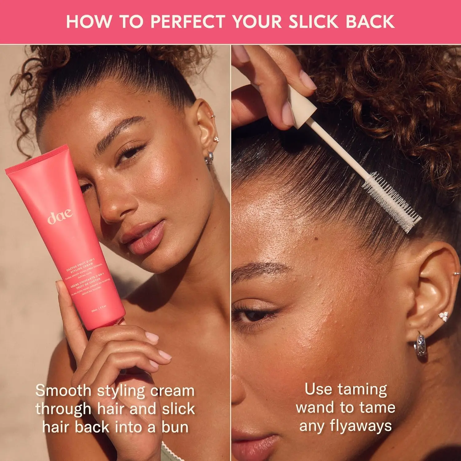 DAE Cactus Fruit 3-in-1 Styling Cream infused with dragon fruit and prickly pear seed oil to smooth styles, prep blowouts, and define natural curls, leaving hair shiny, moisturized, and frizz-free.