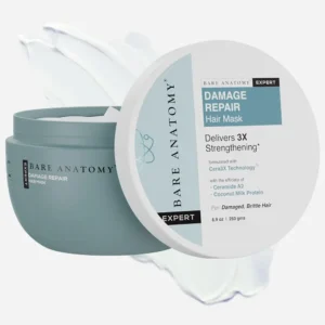 Bare Anatomy damage repair hair mask with ceramide A2 and coconut milk protein strengthens, smooths, and adds shine to dry and frizzy hair.