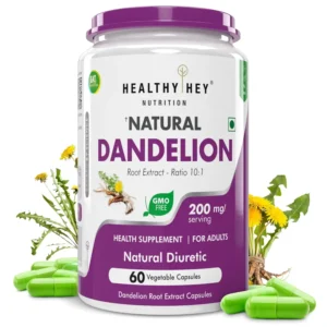 HealthyHey Dandelion Root Extract capsules support digestion and act as a natural diuretic, made with a 10:1 ratio extract for premium herbal wellness.