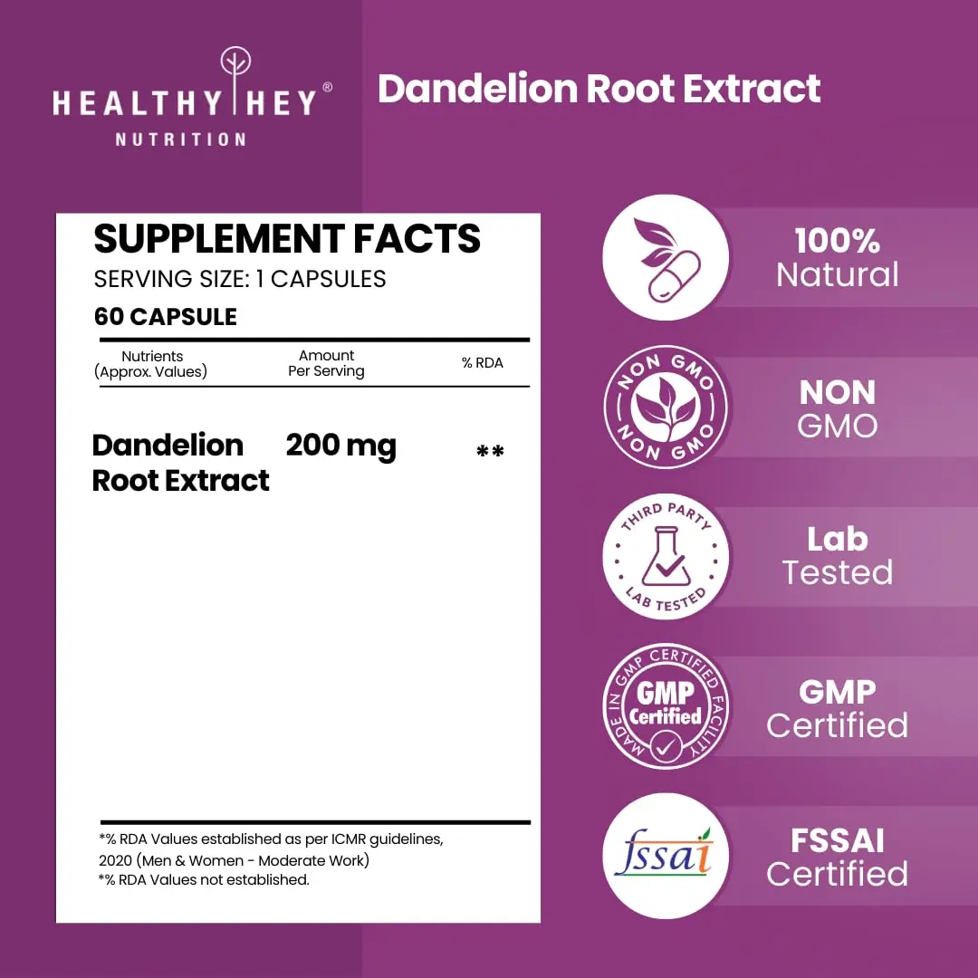 HealthyHey Dandelion Root Extract capsules support digestion and act as a natural diuretic, made with a 10:1 ratio extract for premium herbal wellness.