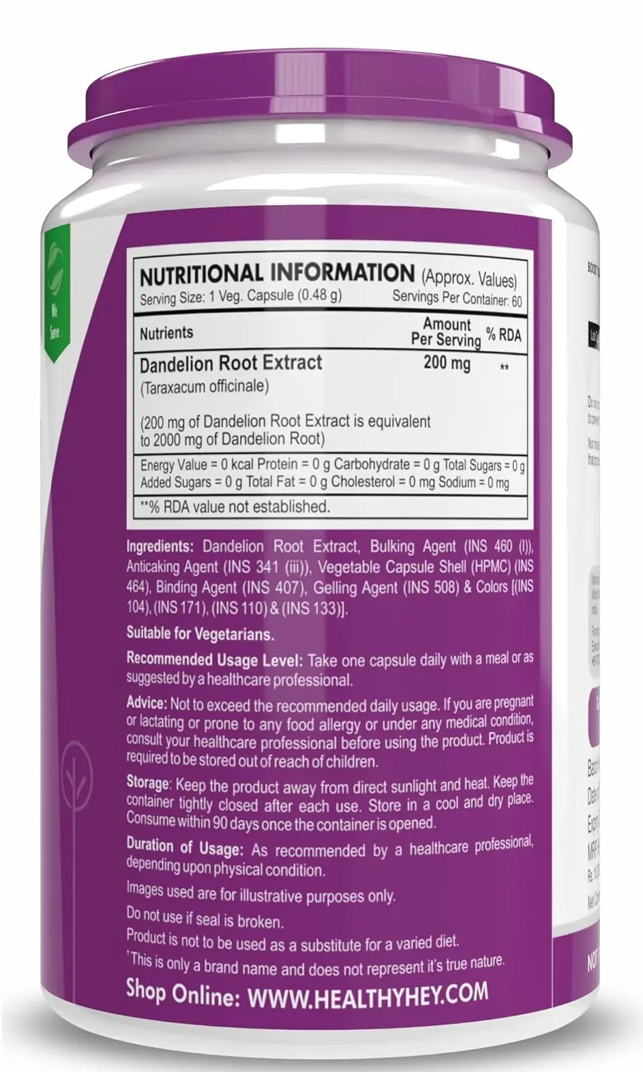 HealthyHey Dandelion Root Extract capsules support digestion and act as a natural diuretic, made with a 10:1 ratio extract for premium herbal wellness.