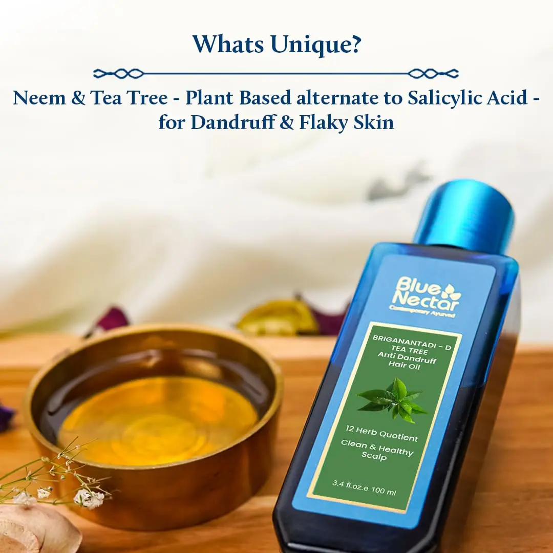 Blue Nectar anti-dandruff hair oil with tea tree and neem helps relieve itchy, dry scalp and reduces dandruff for men and women.