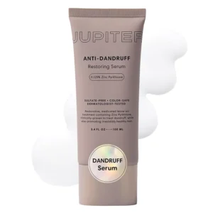 Jupiter anti-dandruff scalp serum with zinc pyrithione, salicylic acid, aloe vera, and green tea relieves itching, flaking, and irritation for oily and dry scalps.