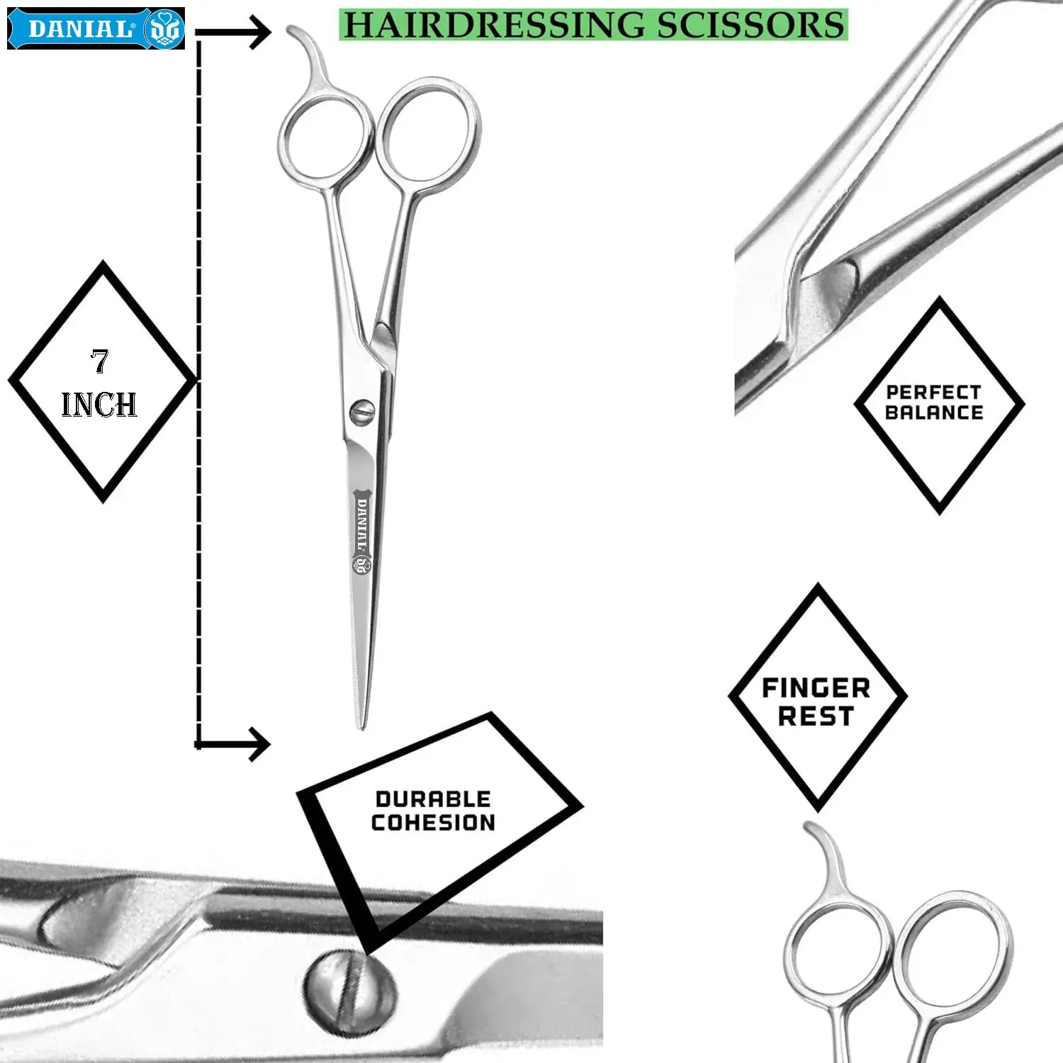 This image showcases DANIAL professional hair cutting scissors made of stainless steel, ideal for salon, barber, and home use for men and women.