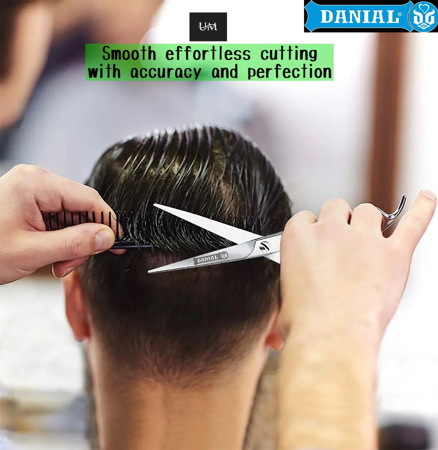 This image showcases DANIAL professional hair cutting scissors made of stainless steel, ideal for salon, barber, and home use for men and women.
