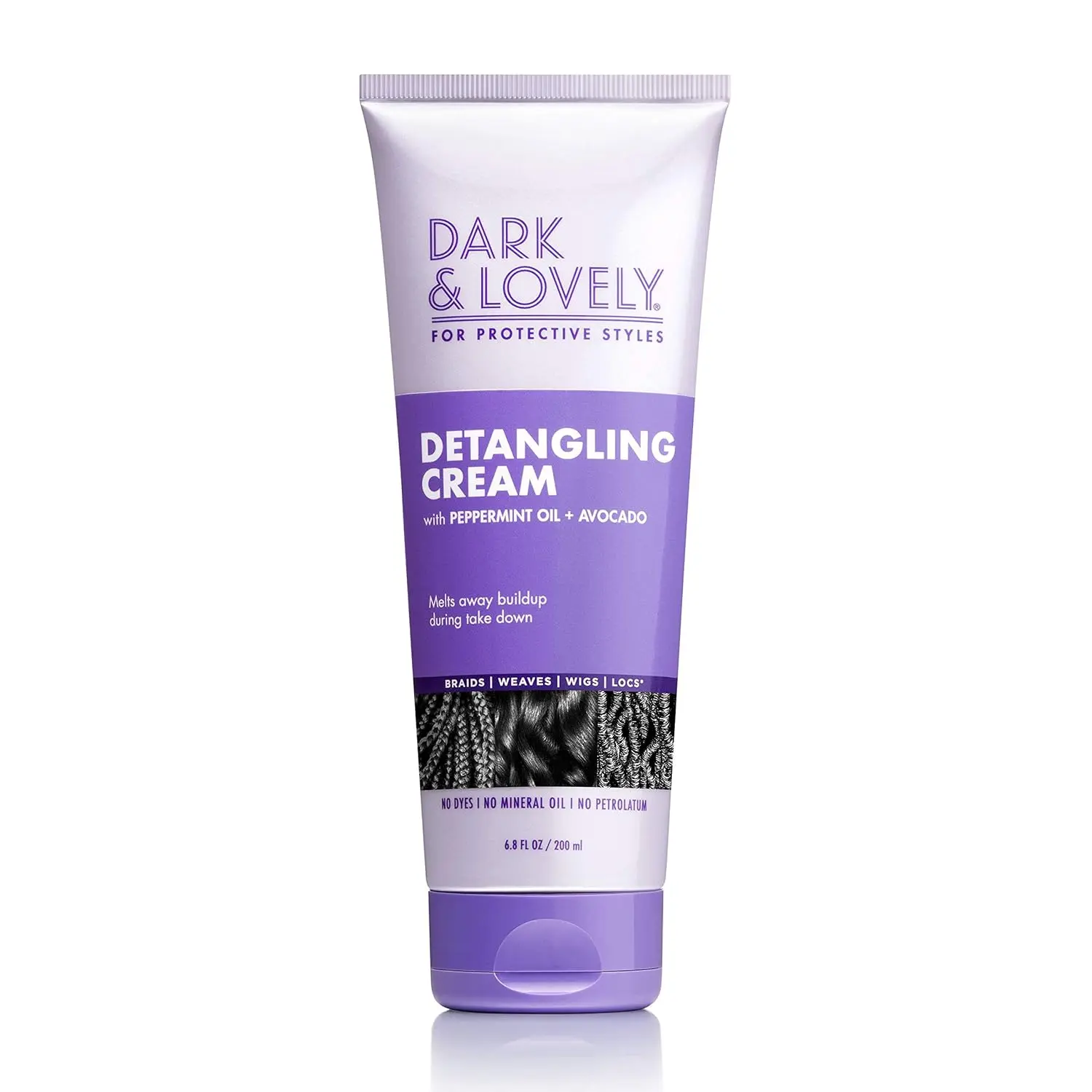 Bottle of Dark and Lovely Detangling Cream with avocado and peppermint oil, designed for softening and conditioning hair during take down of braids, weaves, wigs, and locs.