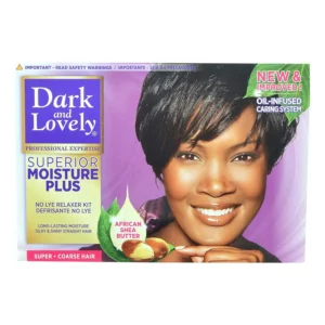 A 250ml pack of Dark and Lovely hair relaxer cream with African shea butter for straightening and moisturizing hair.