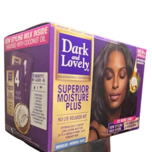 A box of Dark and Lovely Moisture Plus No-Lye Relaxer for all hair types is displayed.