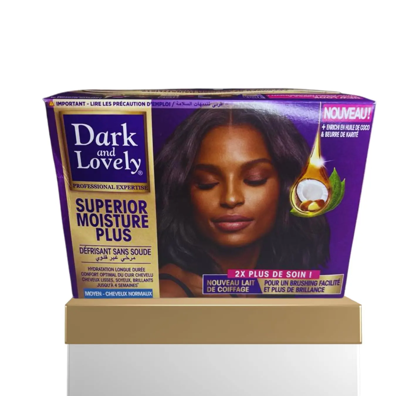 A box of Dark and Lovely Moisture Plus No-Lye Relaxer for all hair types is displayed.