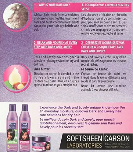 SoftSheen Carson Dark and Lovely Moisture Plus No-Lye Relaxer Super gently cleanses, detangles, and moisturizes hair while helping protect and condition during relaxing for ultimate body and shine.