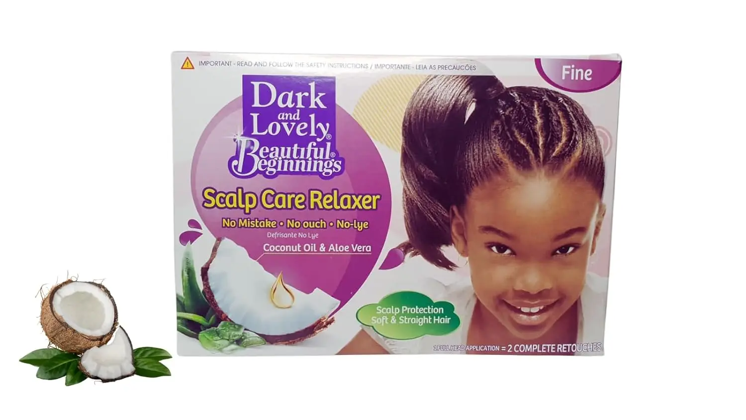 Dark and Lovely Beautiful Beginnings relaxer for fine, straight hair with coconut and aloe for scalp care.