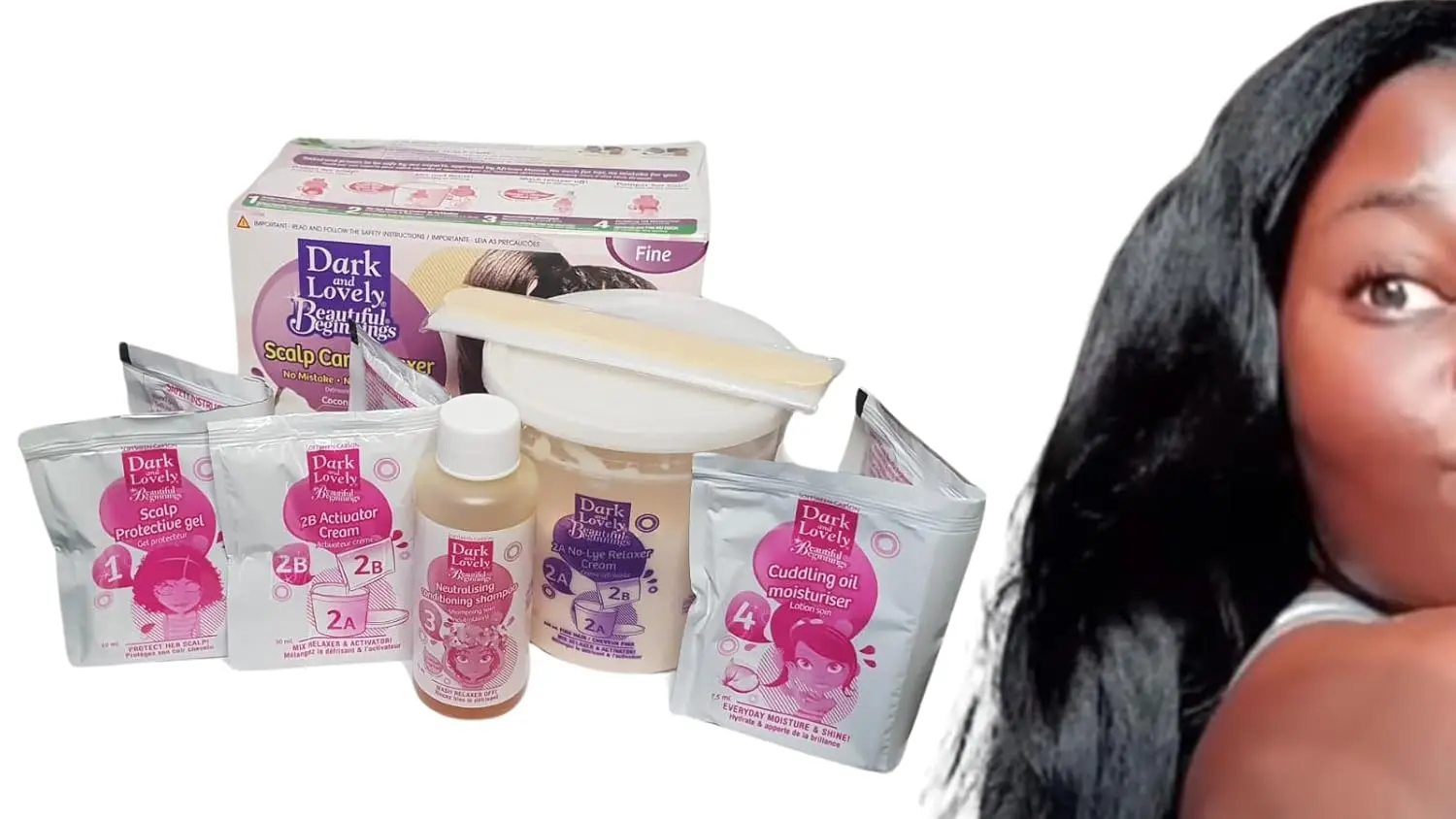 Dark and Lovely Beautiful Beginnings relaxer for fine, straight hair with coconut and aloe for scalp care.