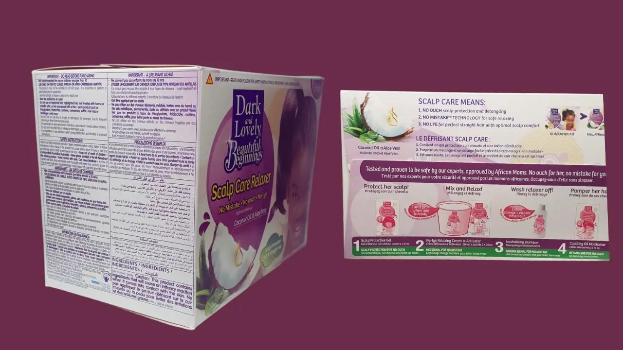 Dark and Lovely Beautiful Beginnings relaxer for fine, straight hair with coconut and aloe for scalp care.