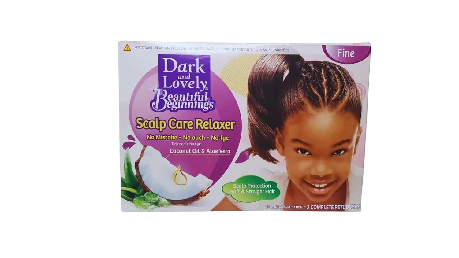 Dark and Lovely Beautiful Beginnings relaxer for fine, straight hair with coconut and aloe for scalp care.