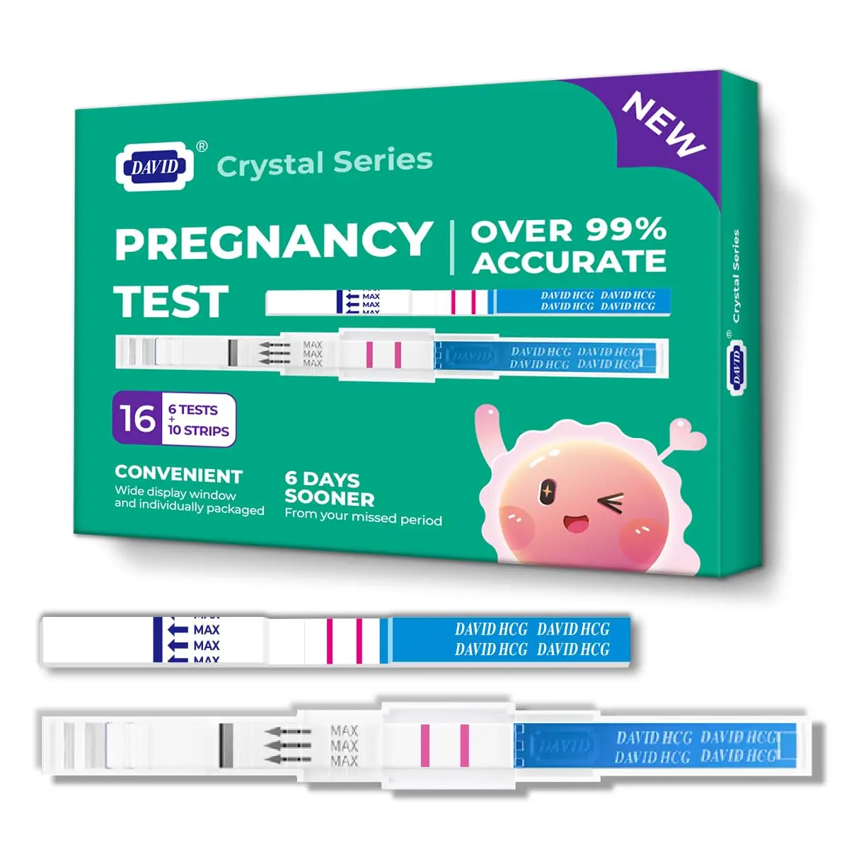 DAVID early detection pregnancy test kit with 6 midstream tests and 10 test strips, providing accurate results up to 6 days before a missed period.