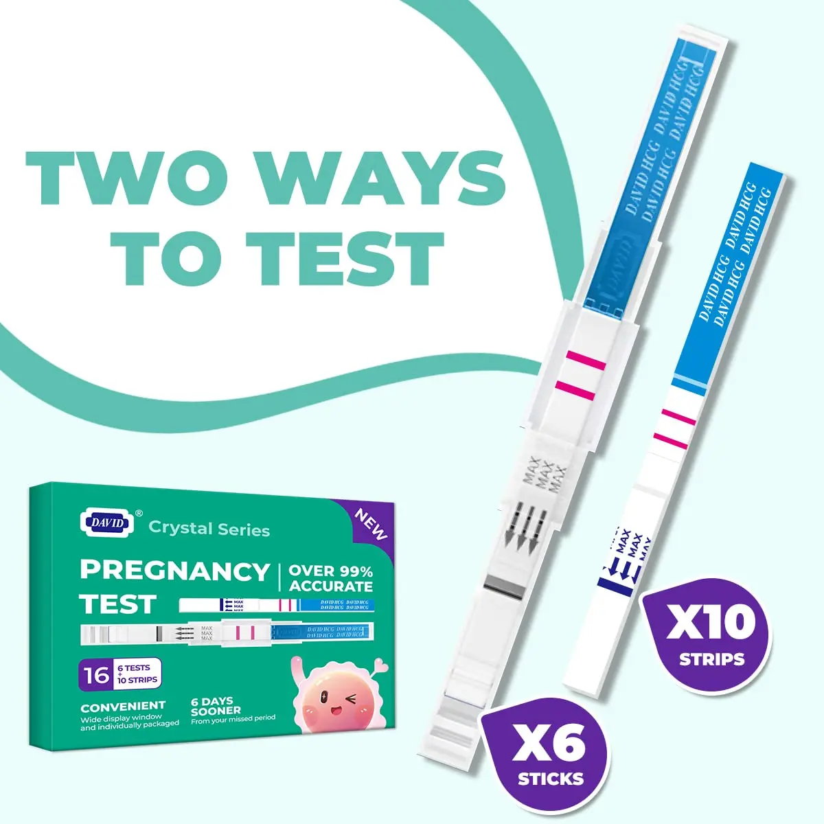 DAVID early detection pregnancy test kit with 6 midstream tests and 10 test strips, providing accurate results up to 6 days before a missed period.