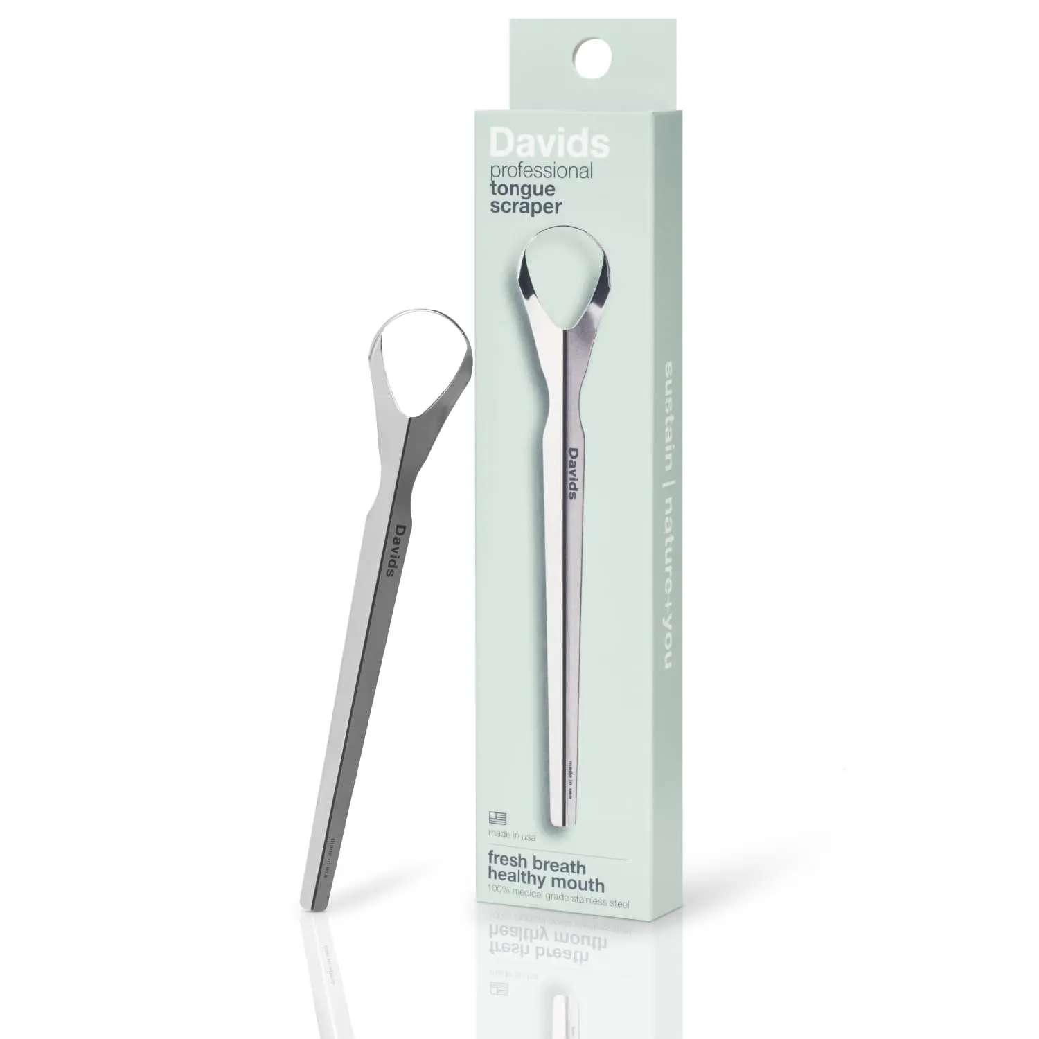 This stainless steel tongue scraper by Davids gently removes debris for improved oral hygiene and fresher breath, made in the USA.