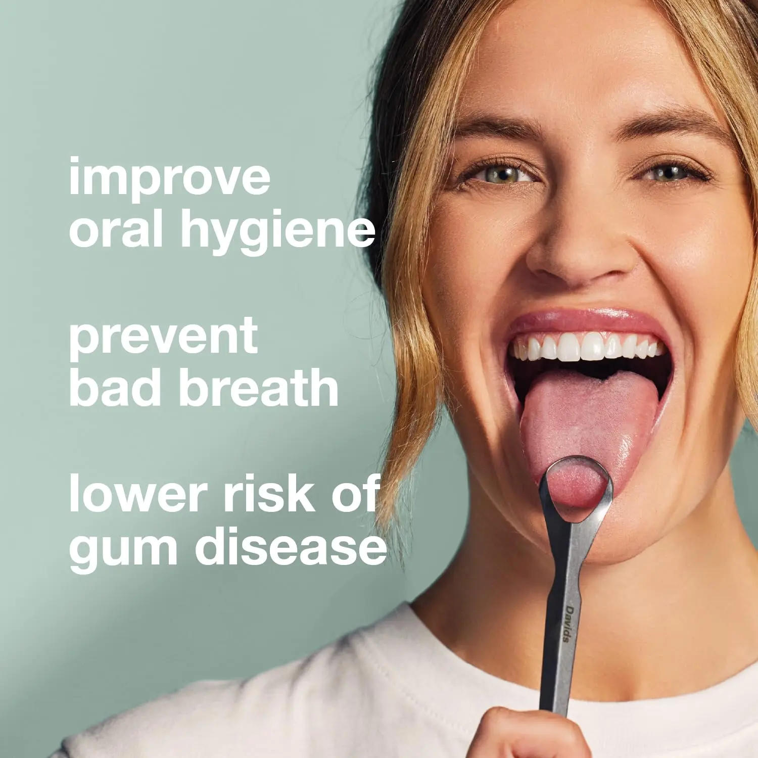 This stainless steel tongue scraper by Davids gently removes debris for improved oral hygiene and fresher breath, made in the USA.