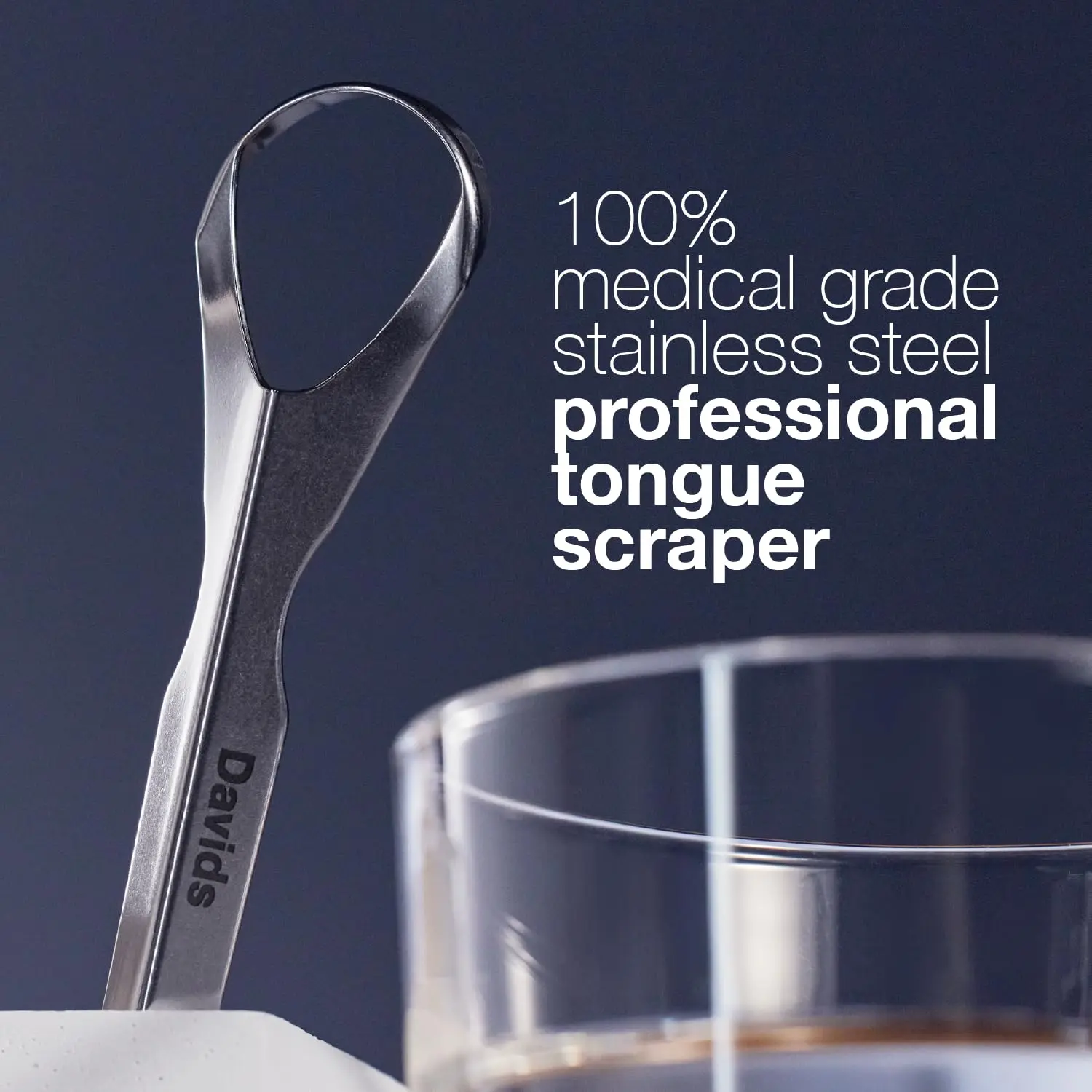 This stainless steel tongue scraper by Davids gently removes debris for improved oral hygiene and fresher breath, made in the USA.