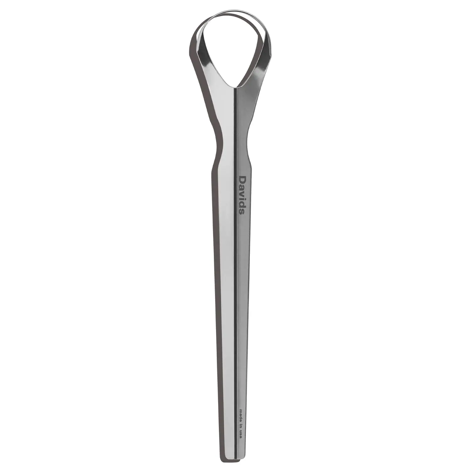 This stainless steel tongue scraper by Davids gently removes debris for improved oral hygiene and fresher breath, made in the USA.