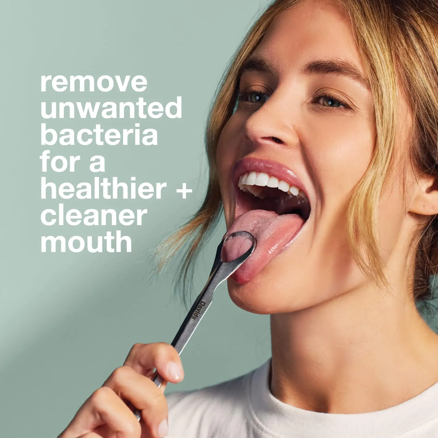 This stainless steel tongue scraper by Davids gently removes debris for improved oral hygiene and fresher breath, made in the USA.