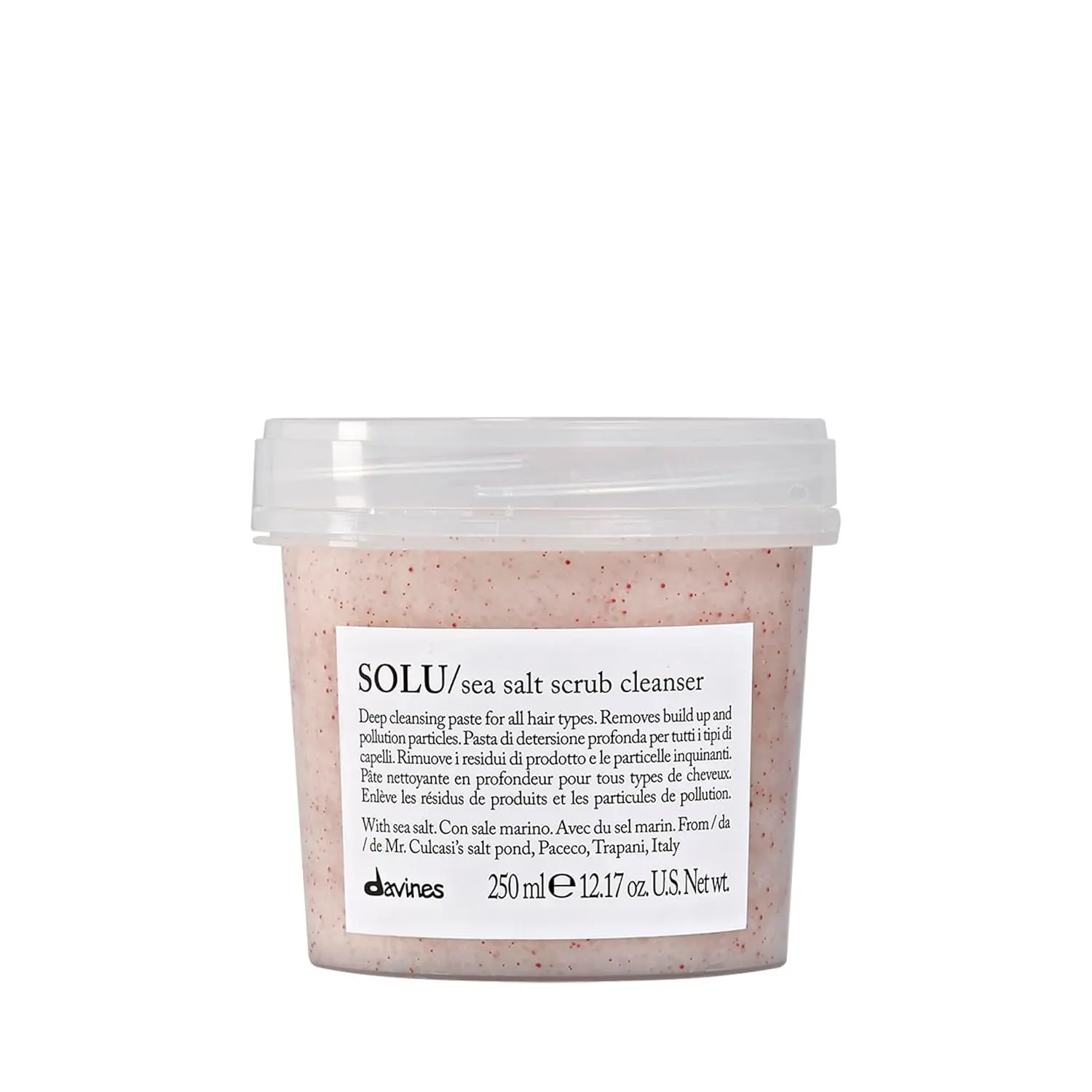 Davines Solu Sea Salt Scrub Cleanser for oily hair, weighing 0.36kg, with dimensions of 6.6cm x 8.6cm x 8.6cm. Apply to wet hair, massage scalp, add water, and rinse.